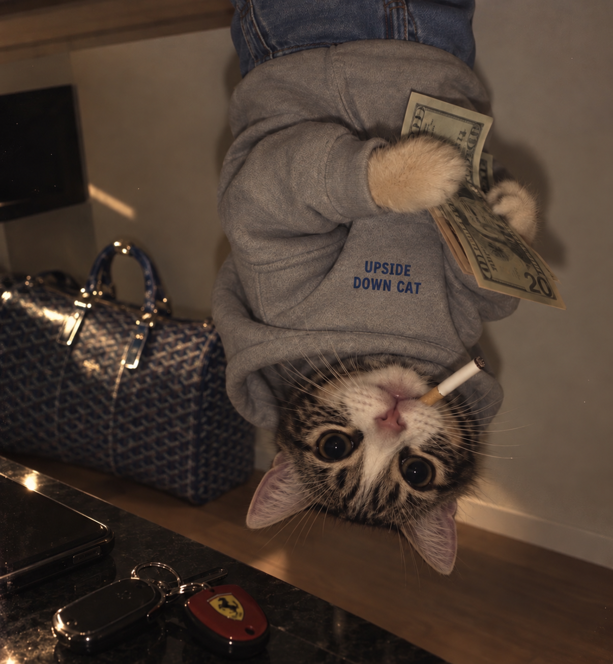 Upside Down Cat wearing an Upside Down Cat hoodie